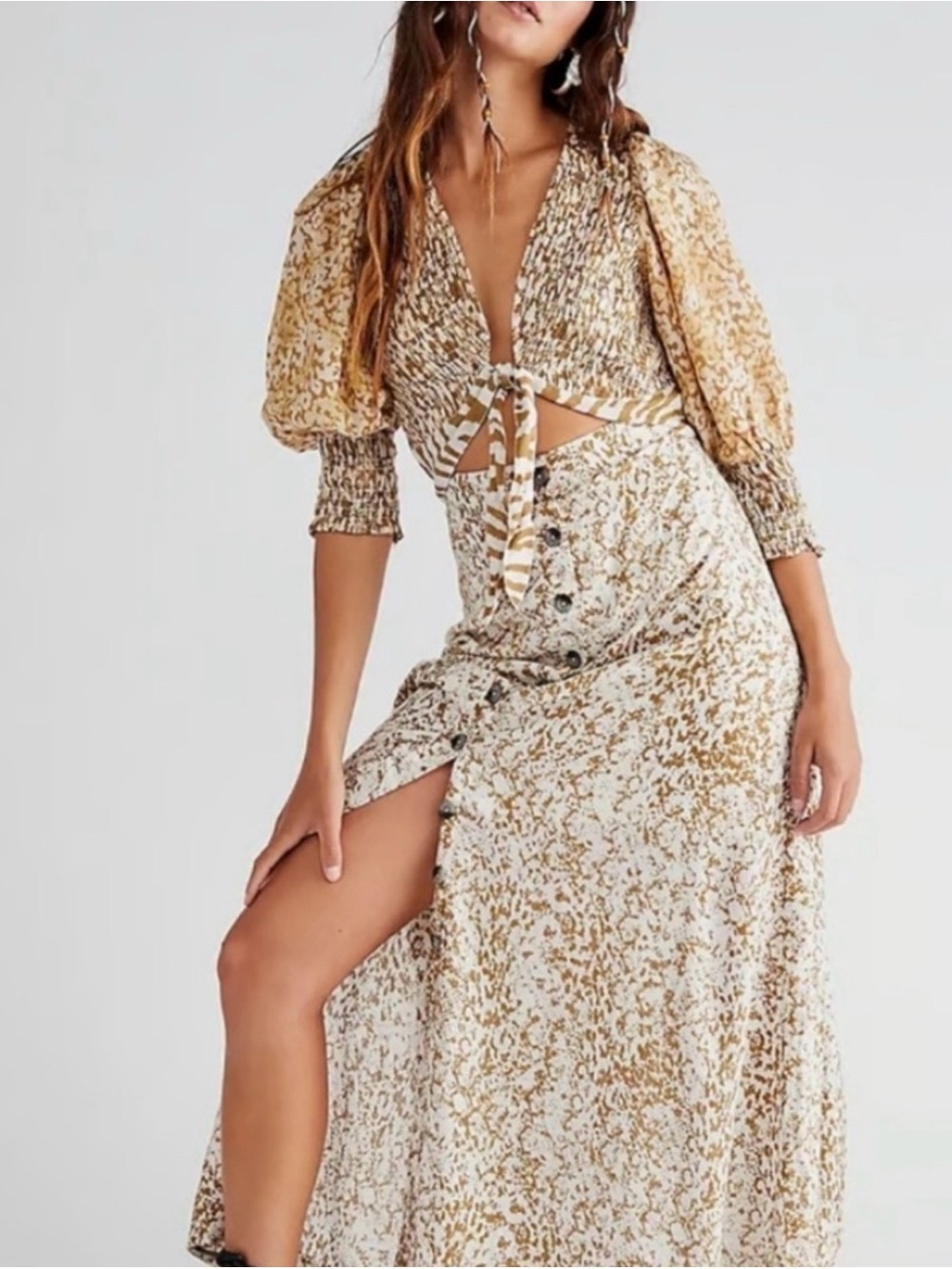 Free People String Of Hearts Printed Maxi Dress Cutout Smocked M